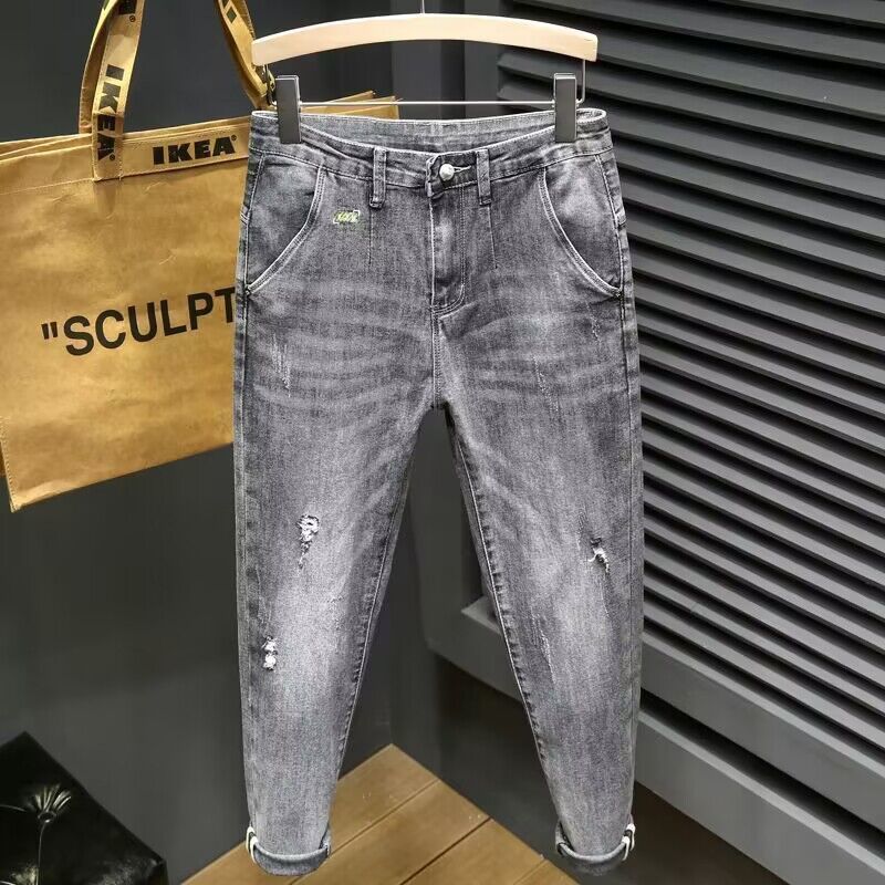 Gray distressed jeans for men's autumn winter, new Korean version elastic slim fit small straight leg fashionable_voghion.com