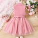 Kid's Clothing Girls Sleeveless Stand Up Collar Buttoned Suit Mesh Princess Skirt Belt Two Piece Suit_voghion.com