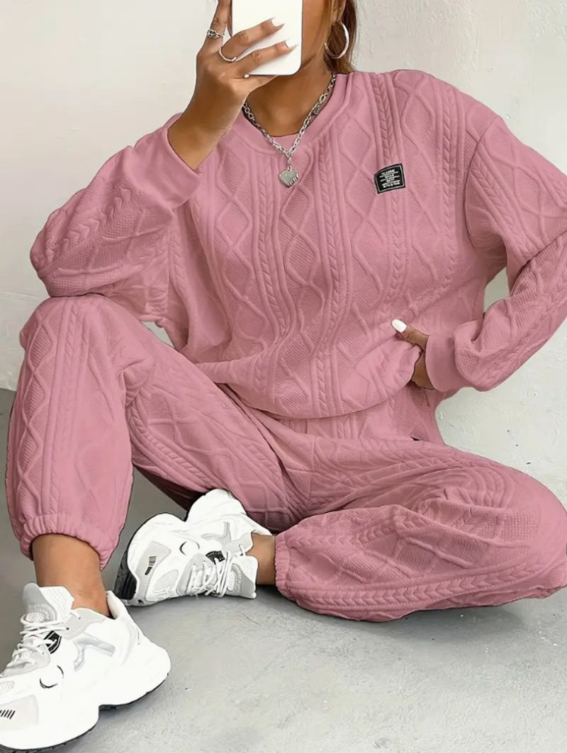 Women's Clothing autumn and winter new jacquard long sleeved casual round neck sweatshirt trousers suit_voghion.com
