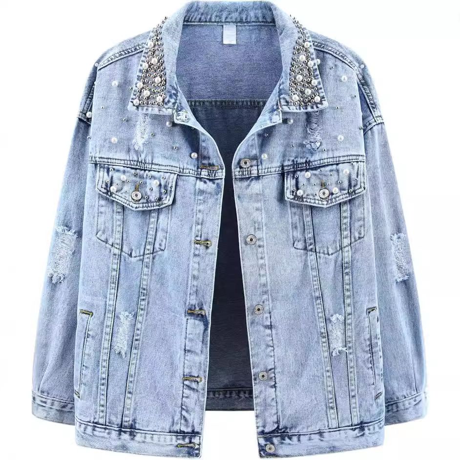 Distressed Denim Jacket Women's Casual Boho Embellished Long Sleeve Coat With Rhinestones – Oversized Loose Fit Polo Collar (Light Blue)_voghion.com