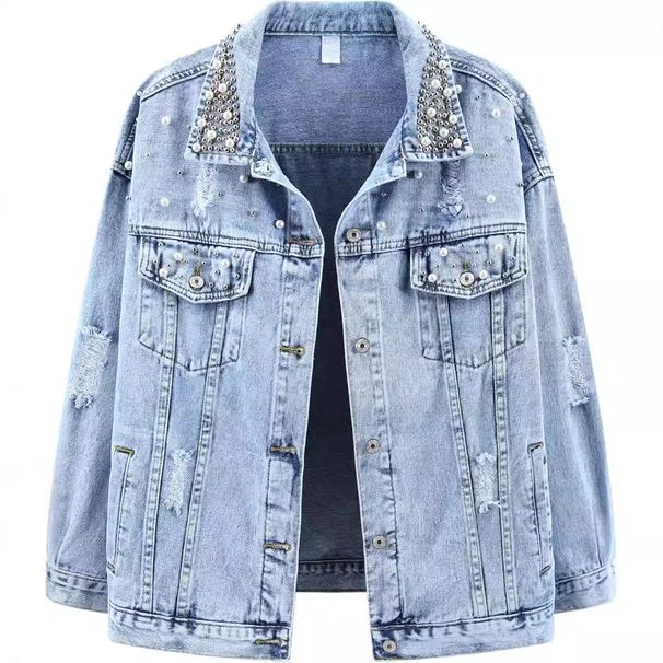 Distressed Denim Jacket Women's Casual Boho Embellished Long Sleeve Coat With Rhinestones – Oversized Loose Fit Polo Collar (Light Blue)_voghion.com