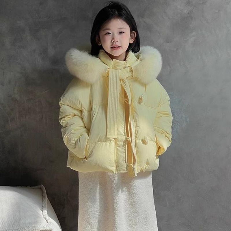 【 】 Abrigo grueso de invierno para niñas de estilo corto con cuello de piel grande para mayor calidez, versión coreana_voghion.com