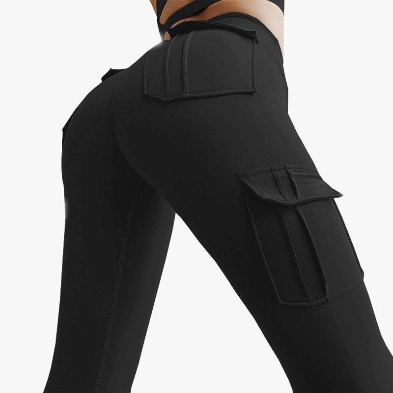 Women's clothing multi-pocket military high-waisted leggings four-way elastic peach butt yoga pants_voghion.com