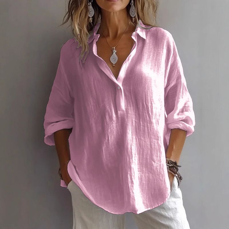 Camicia da donna in lino con scollo a V, manica lunga, casual e ampia, tinta unita_voghion.com