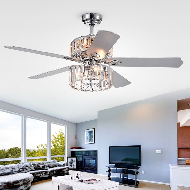 Perris 52-Inch 5-Blade Chrome Lighted Ceiling Fan with 2-Tier Crystal Shade Optional Remote (2 Color Option Blades)_voghion.com
