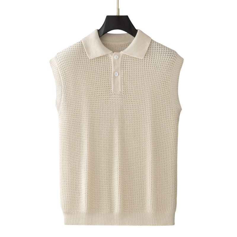 Men's Sleeveless Knit Polo Shirt Textured Breathable Loose Fit Casual Summer Top​_voghion.com
