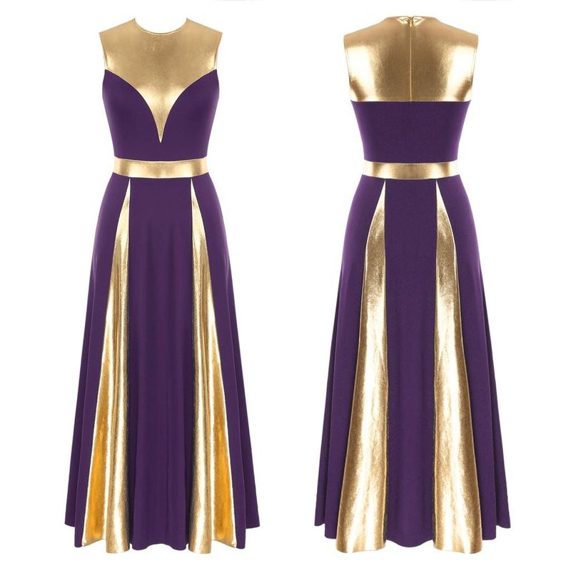 Robe de danse en bloc pour femmes de créateur Patchwork Fermeture éclair invisible Dos Col rond Robes sans manches Vêtements de danse de culte d'église Costume de performance sur scène_voghion.com