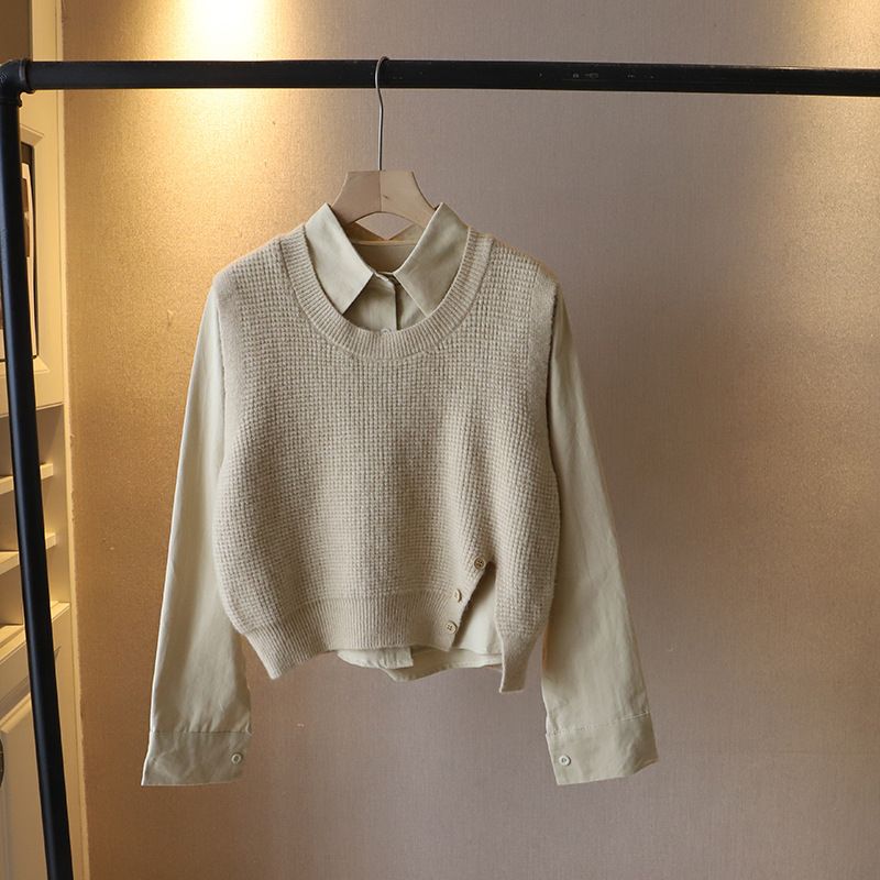 Naisteriided Varakevadine Uus Korea Naiste Harjatud Särgi + Kootud Vesti Kaheosaline Komplekt_voghion.com