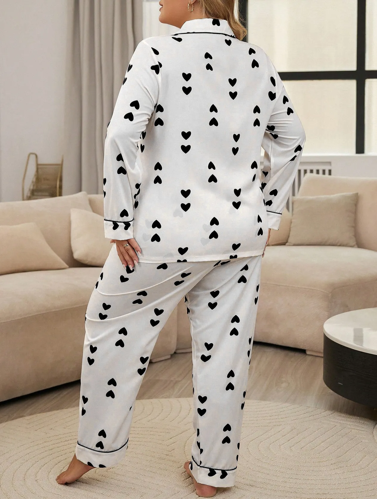 Large pajamas, new waffle style cardigan, long sleeved pants, heart-shaped sweet home suit set, can be worn outside_voghion.com