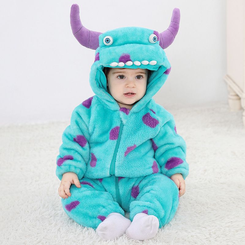 Novo macacão de flanela azul bebê outono, camada única, fofo e animado, formato de panturrilha de monstro_voghion.com