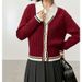 Women's V-Neck Sweater – College Style Contrast Trim Long Sleeve Top (Flame Red/Dark Blue/Grey/Brown/Off-White, One Size)_voghion.com
