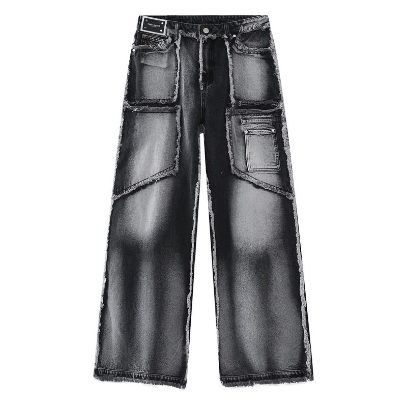 Roupas masculinas Outono Novas chegadas Retro Desgastado Lavado Raw Edge Jeans de perna reta_voghion.com