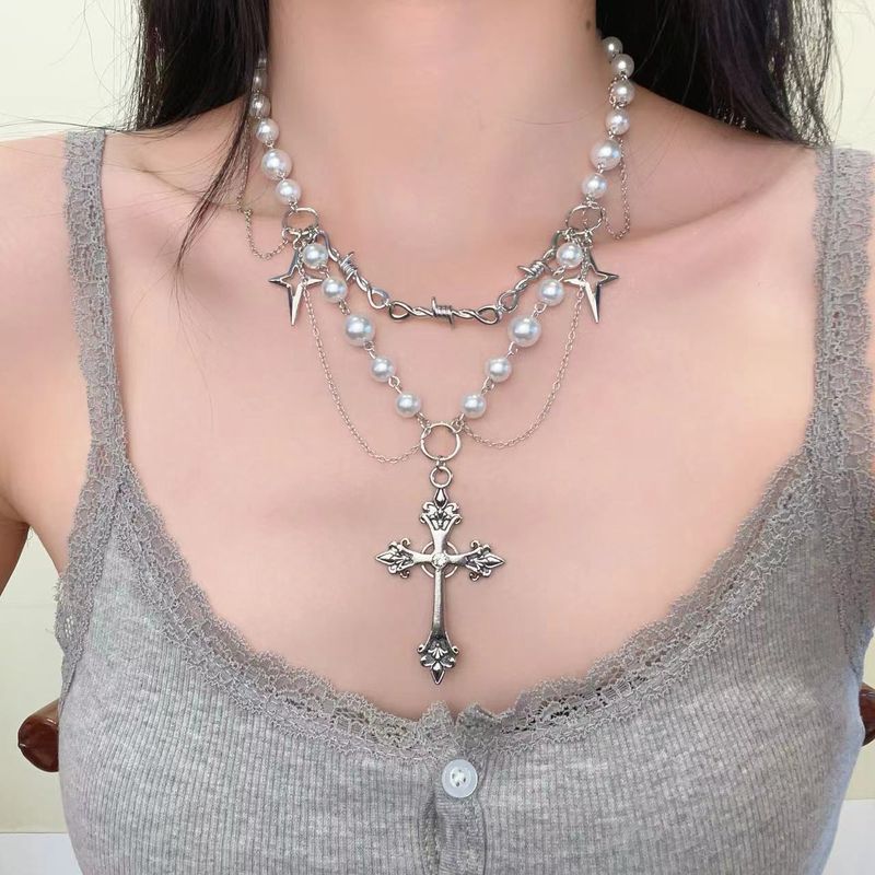 Unisex Black Pearl Dark Necklace Heavy Gothic Punk Multi Layer Choker Stacked Retro Pendant Cross Clavicle Chain_voghion.com