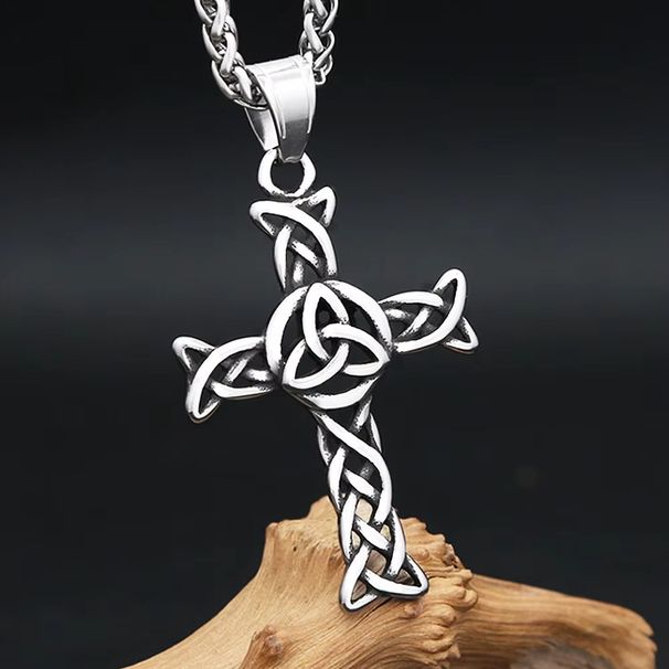 Collana con ciondolo a croce con nodo celtico, design unico, in acciaio al titanio, da uomo, con ciondolo cavo_voghion.com