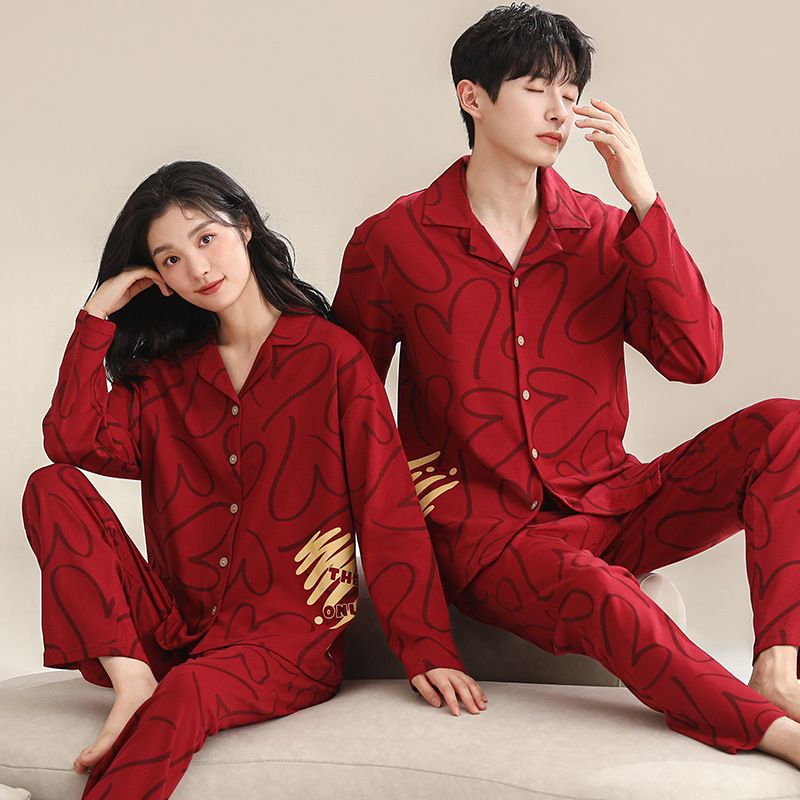 Ropa de dormir para parejas, roja, de algodón puro, de manga larga, para mujer, primavera y otoño, año del zodíaco, celebración de bodas para hombres,_voghion.com