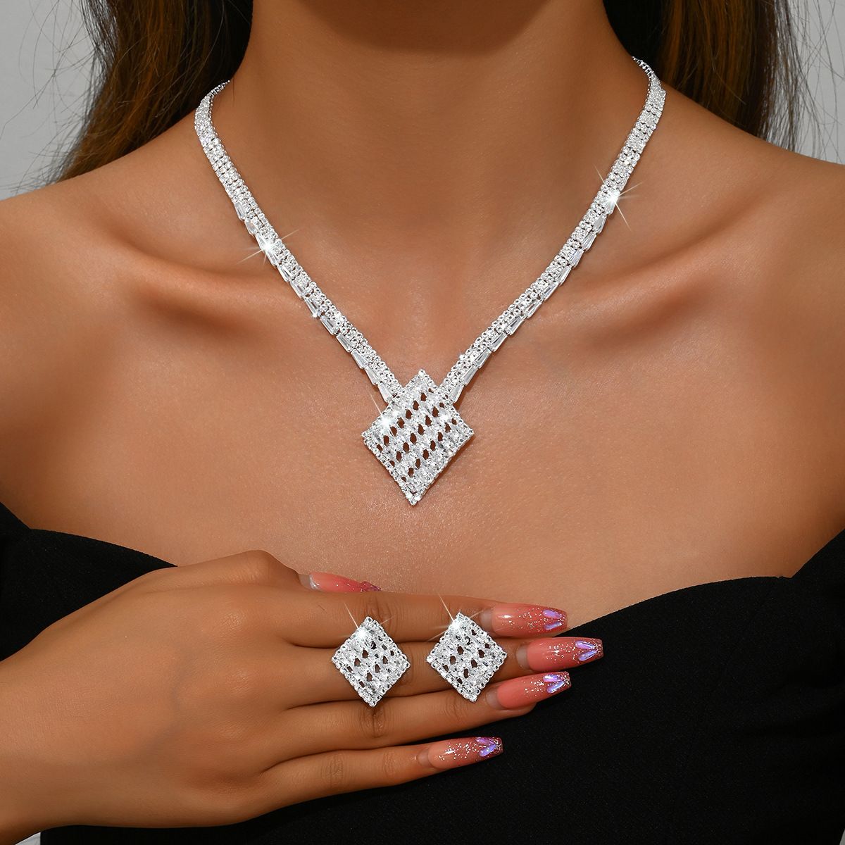 Set di gioielli da donna, set di gioielli alla moda, collana nuova di zecca, orecchini di alta qualità, set di zirconi intarsiati multicolore_voghion.com