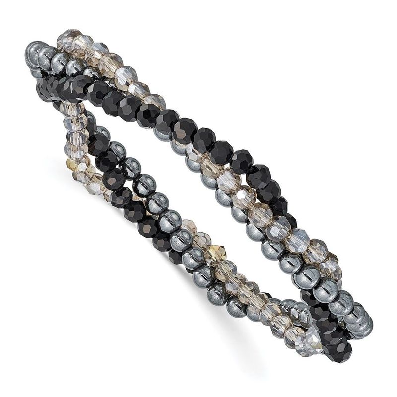 Sterling Silver Black And Smoky Crystal, Hematite 3pce Stretch Bracelet_voghion.com