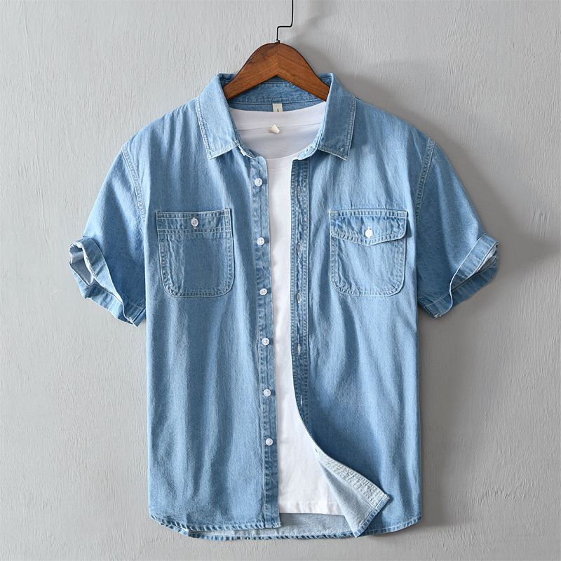Summer Men's Solid Color Cotton Denim Casual Short Sleeved Shirt_voghion.com