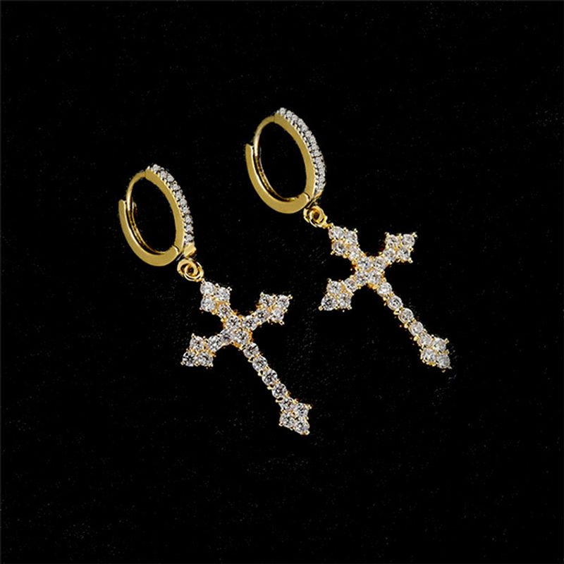 Moda coreano tira cor z ircon cruz-forma brincos para mulheres homens punk hip hop cristal pingente brincos festa jóias_voghion.com
