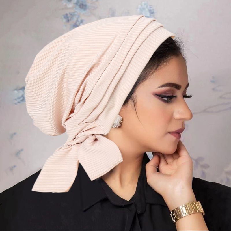 Nouveau couleur unie fileté quatre bandes longue queue bandeau casquette chimiothérapie chapeau femmes deux bandes longue queue chapeau_voghion.com