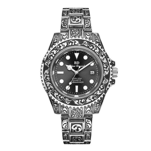 Relógio masculino clássico preto com design gravado intrincado, superluminoso, resistente à água, movimento de quartzo, pulseira de aço inoxidável_voghion.com