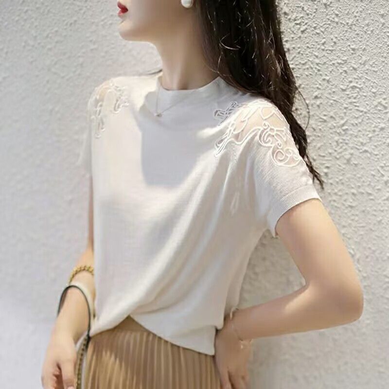 T-shirt tricoté à manches courtes en soie glacée brodé en maille 3D pour femme, élégant, col rond, amincissant_voghion.com