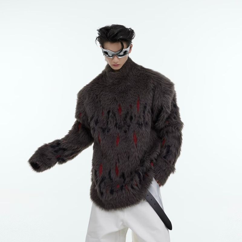 New autumn and winter semi high neck sweater for men with a niche split design, high street retro lazy knit sweater_voghion.com
