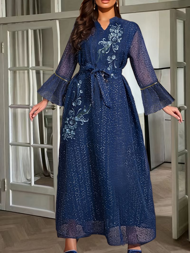 Robe Abaya élégante pour femme, broderie dorée, manches longues, évasée, style caftan - Mode islamique modeste (bleu marine, S/M/L)_voghion.com