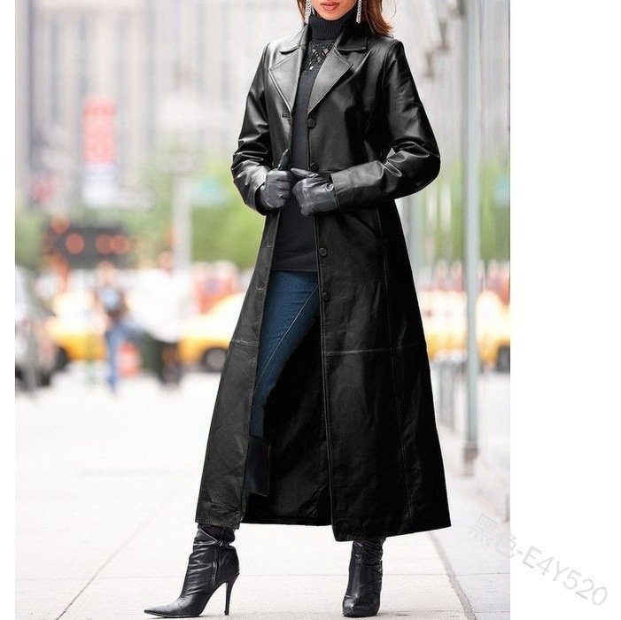 Women's leather jacket with button and long coat slim slim plus size leather trench coat_voghion.com