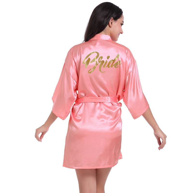 Undertøj og nattøj Dame brudekjole hot stamping guld bogstav Bruden natkjole kvindelig sommer tynd cardigan high end brud morgenkjole_voghion.com