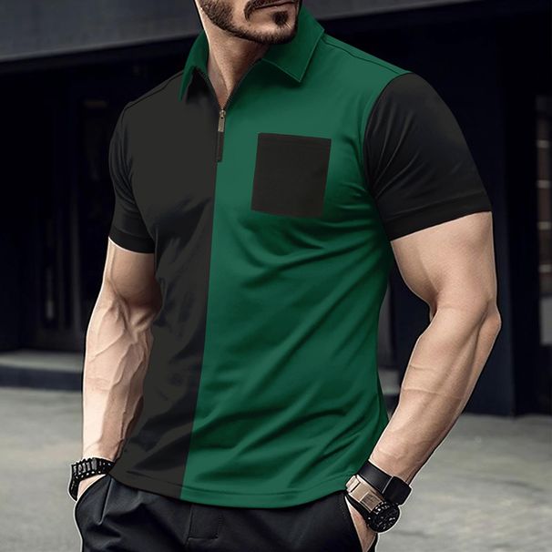 Men's Clothing Summer T Shirt Men's Zipper Color Matching Lapel Sports Horse_voghion.com