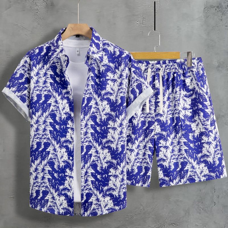 Abiti da uomo con camicia a maniche corte e floreali, abiti estivi a due pezzi_voghion.com