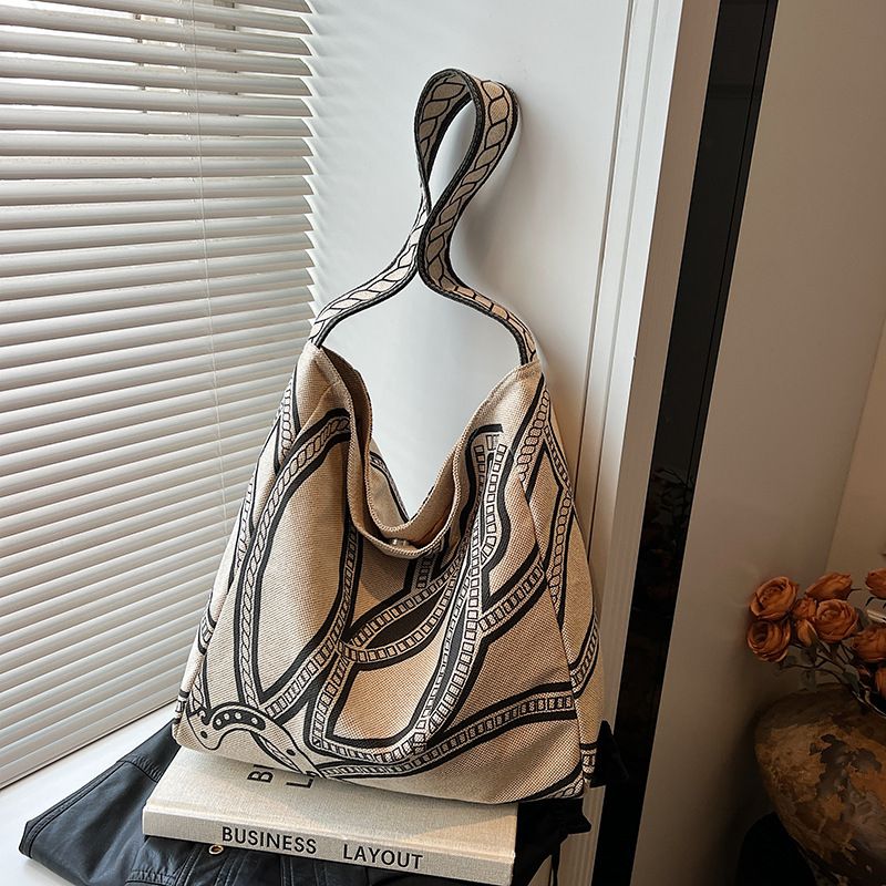 Little Pony Totem Linen Print Canvas Tote For Women Large Capacity Casual Lazy Style Shoulder Underarm Bucket Bag_voghion.com