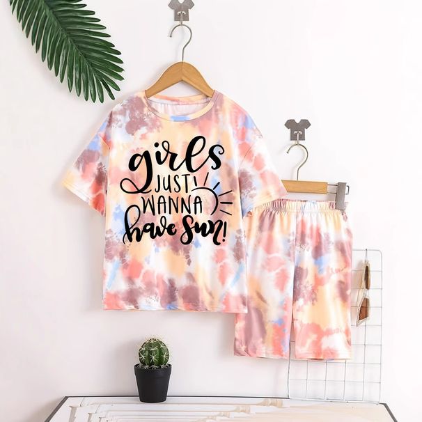 Anne ve Çocuk INS Kızlar Yaz Rahat Kravat Boyalı Tam Baskılı Yuvarlak Yaka Kısa Kollu 2 Parça Set Moda Rahat Takım_voghion.com
