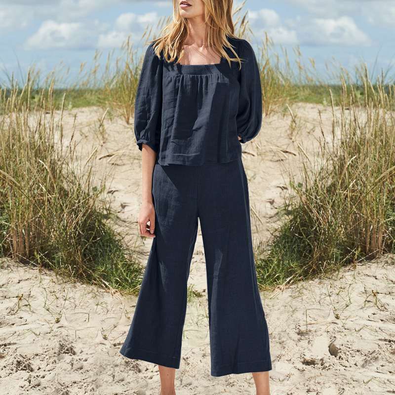 Women's Clothing Solid Color National Style Retro Pants Suit Cotton And Linen Casual Long Sleeved Loose Cotton Suit_voghion.com