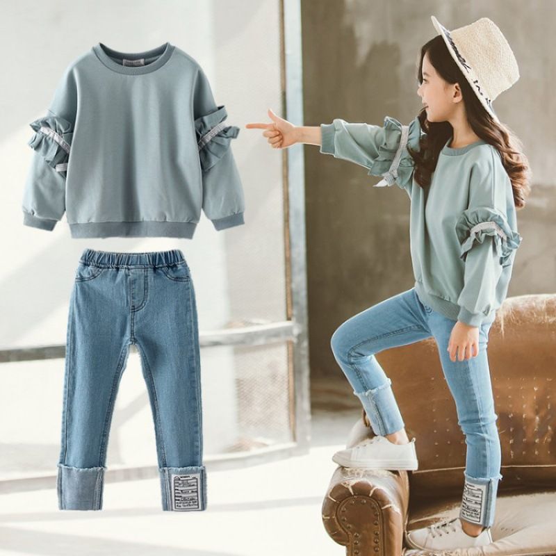 Trajes de niña de primavera, estilo coreano, ropa infantil para niñas de talla mediana y grande, vaqueros con mangas de encaje a la moda, traje de dos piezas para niños._voghion.com