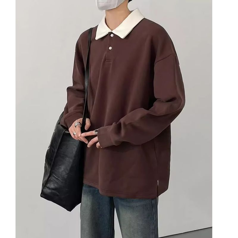 Retro contrasterende kleur pullover hoodie voor heren, herfst nieuwe stijl, losse kraag top, trendy shirt met lange mouwen_voghion.com