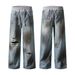 Men's Clothing Retro Washed Elastic Waistband Patchwork Denim Loose Jeans Dirty Ripped Design Long Pants_voghion.com