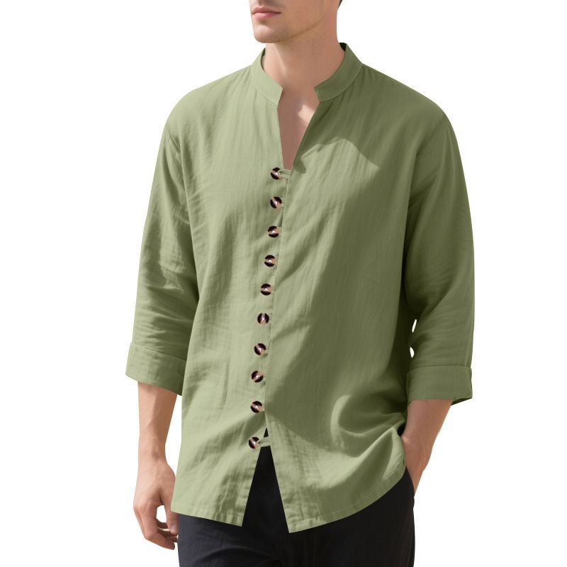 Camicia da uomo a maniche lunghe casual con colletto alto, nuova qualità imbattibile, primavera e autunno 2025, con bottoni in lino_voghion.com