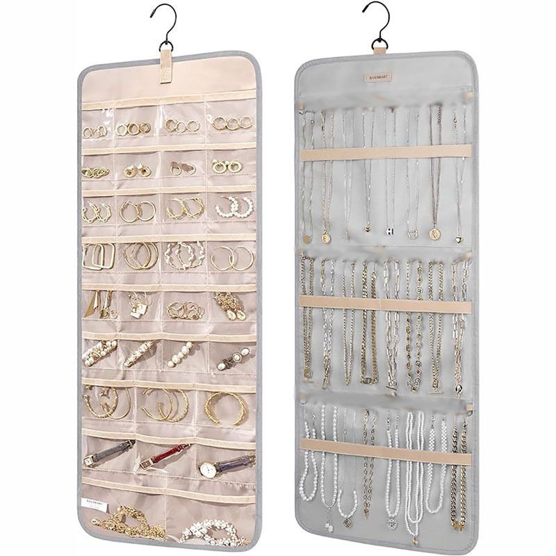 Askılı Takı Düzenleyici - Küpeler, Kolyeler ve Yüzükler İçin Metal Kancalı Çift Taraflı Polyester Saklama Çantası (Siyah/Pembe/Gri/Mavi/Lavanta)_voghion.com