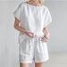 Damenbekleidung Kurzarm Urban Baumwolle und Leinen Retro Mode Lässig Einfarbig Top Kordelzug Shorts Anzug_voghion.com