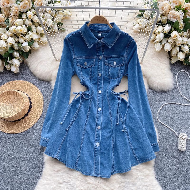 Women's Clothing retro denim skirt design with straps, slim waist and temperament buttoned slim short dress_voghion.com