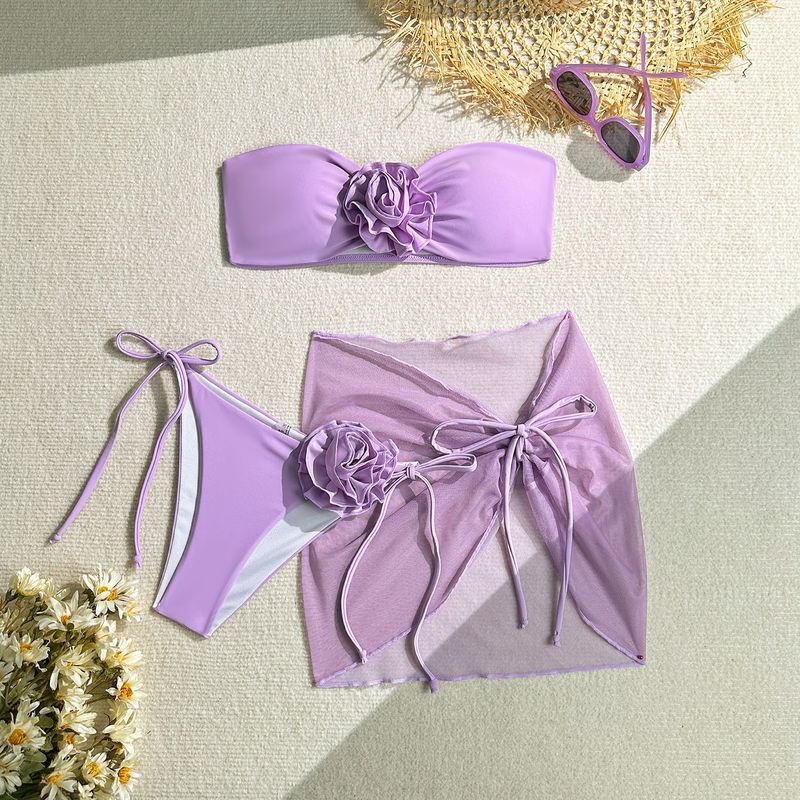 New Hot Sale Three Piece Swimsuit Women's Tube Top With Three Dimensional Large Flower Straps Thong Sexy Beach Swimsuit_voghion.com