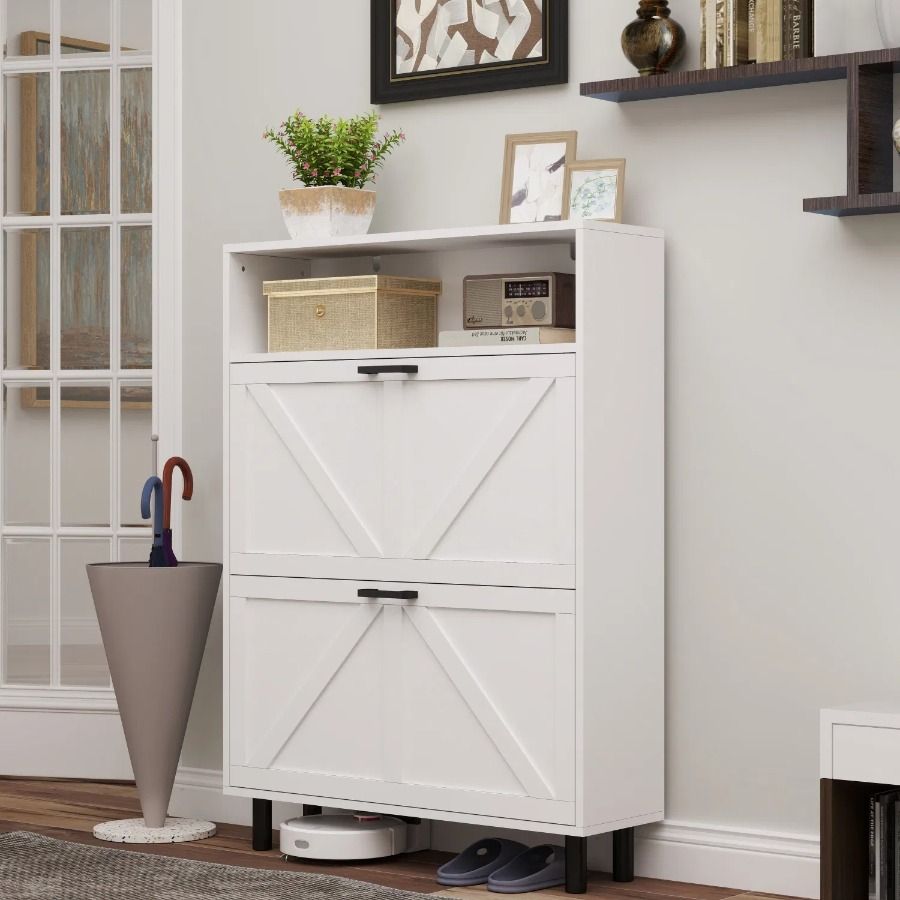 Mobiletto portascarpe in stile rustico con design a porta da fienile, organizer per scarpe con 2 cassetti girevoli, mobiletto portascarpe indipendente stretto con spazio aperto_voghion.com