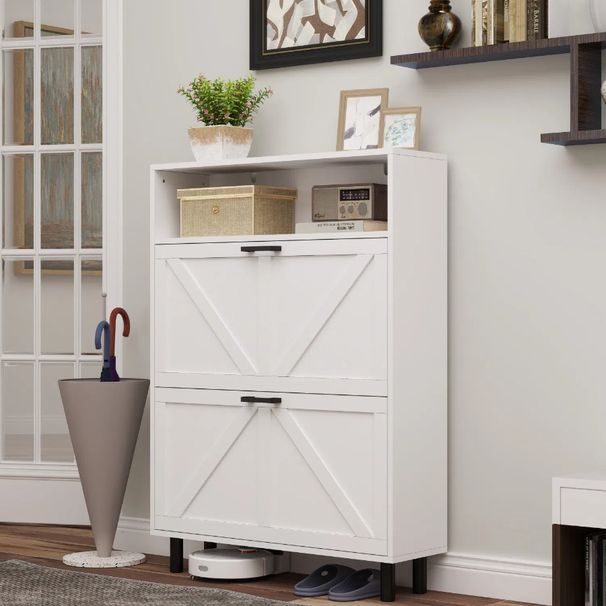 Mobiletto portascarpe in stile rustico con design a porta da fienile, organizer per scarpe con 2 cassetti girevoli, mobiletto portascarpe indipendente stretto con spazio aperto_voghion.com