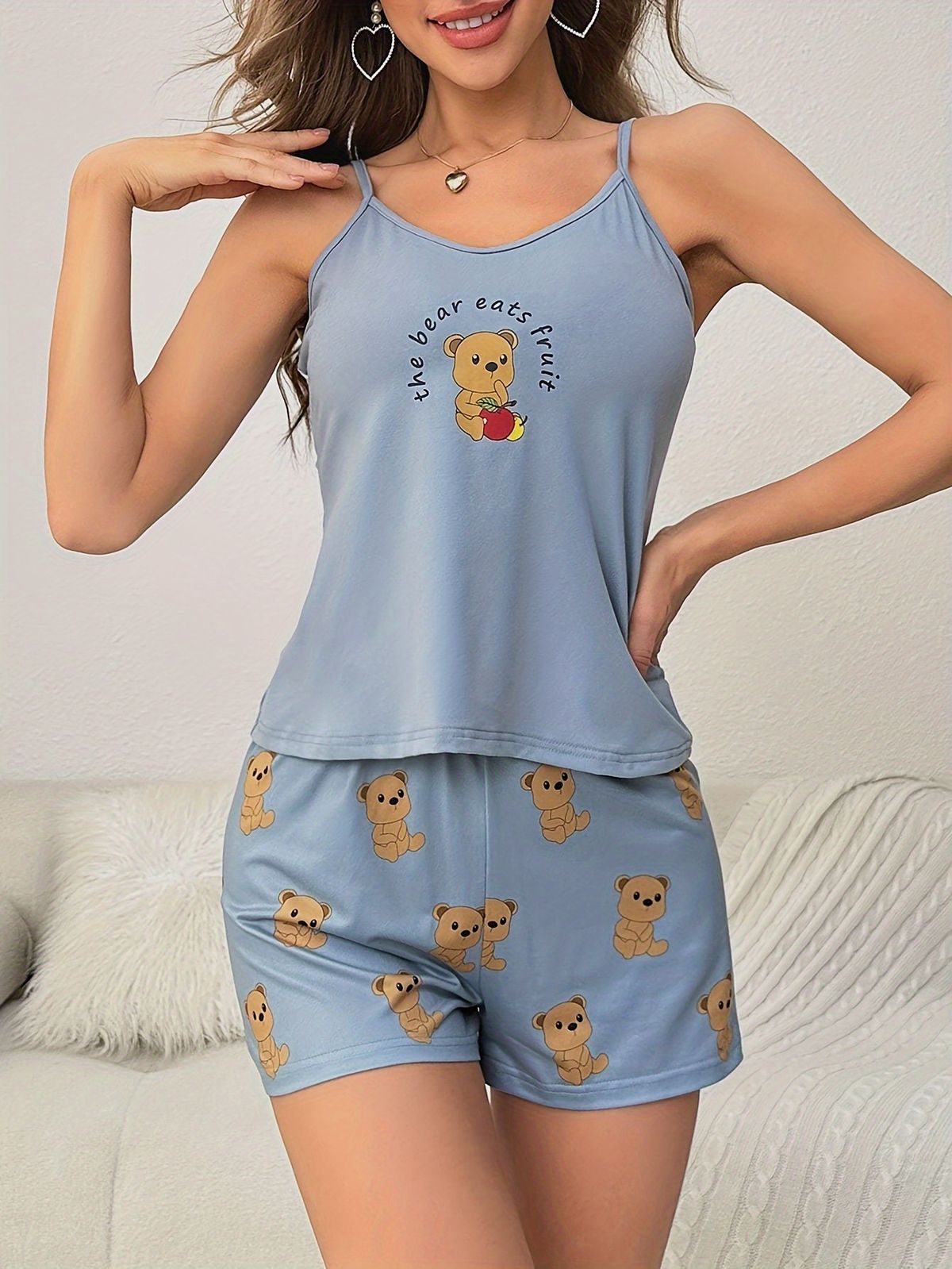 Pyjama d'été décontracté et confortable, short à bretelles, motif ours de dessin animé, vêtements de détente_voghion.com