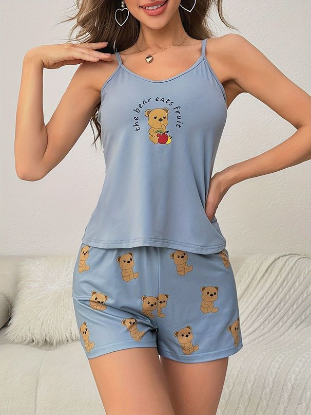 Pyjama d'été décontracté et confortable, short à bretelles, motif ours de dessin animé, vêtements de détente_voghion.com