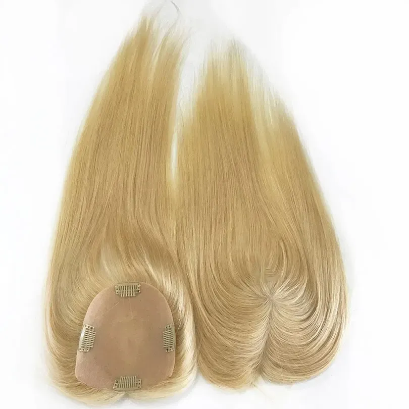 Colore biondo 613 Toppers base seta per donne 12x13cm Toppers base pelle con clip cuoio capelluto naturale_voghion.com