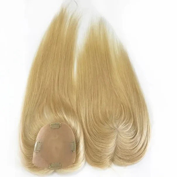 Colore biondo 613 Toppers base seta per donne 12x13cm Toppers base pelle con clip cuoio capelluto naturale_voghion.com