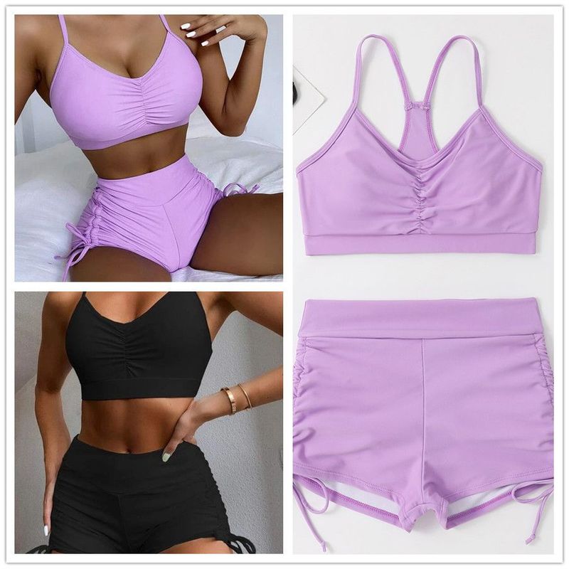 New Two-Piece High Waist Solid Color Gathered Slimming Drawstring Multi-Color Swimsuit Women's Swimwear_voghion.com